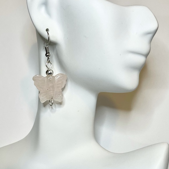 Carved Rose Quartz Butterfly Earrings - Picture 11 of 14